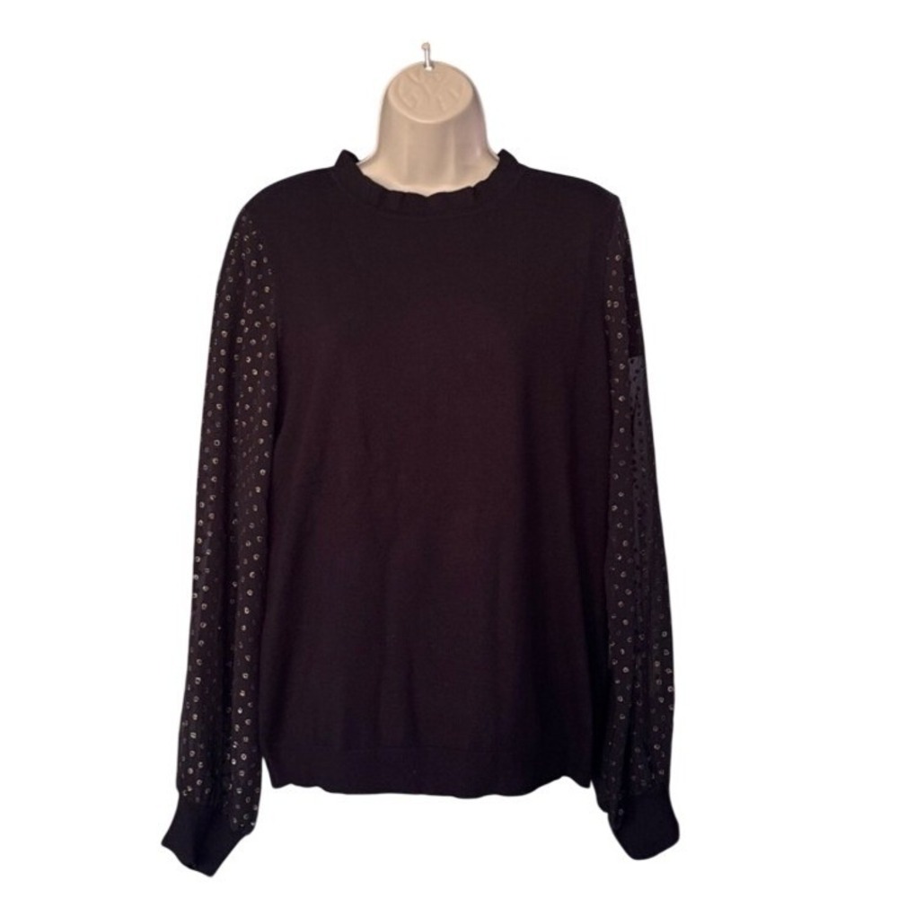 Adrianna Papell Black Knit Sweater Sheer Gold Dot Sleeves Ruffle Neck Large